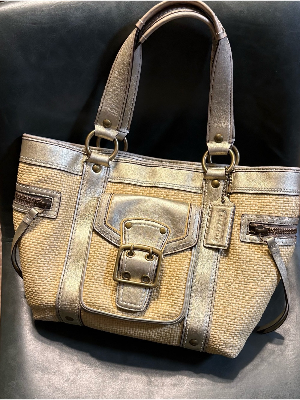 Vintage Coach Legacy Woven Straw & Metallic Leather Satchel Tote Bag